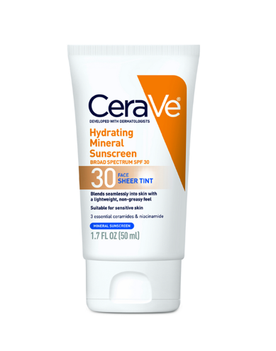 CeraVe Tinted Face Sheer Tint Hydrating Mineral Sunscreen with Zinc Oxide, 1.7 Oz